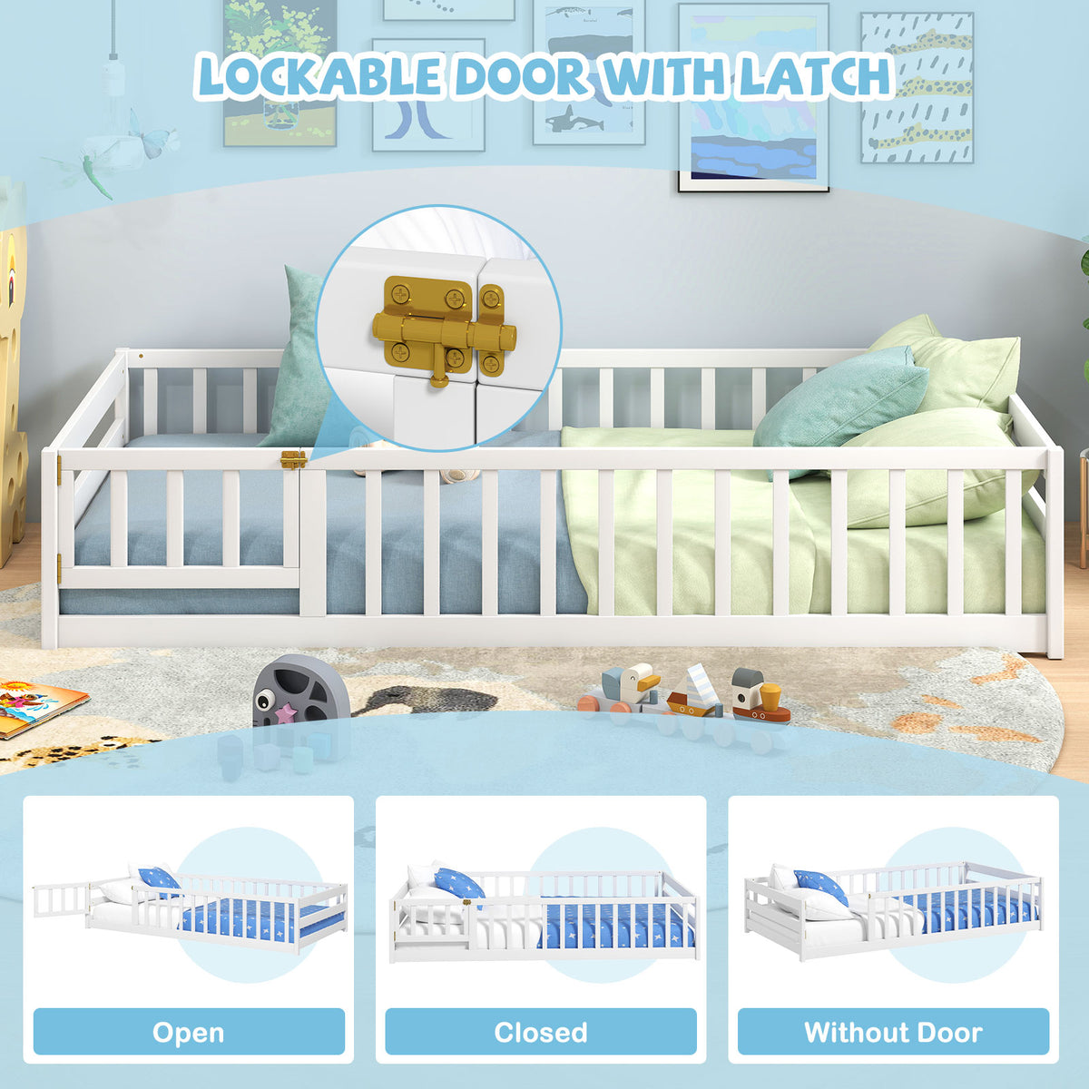 Twin Size Wood Montessori Floor Bed with Door and Fence, White Toddler Beds at Gallery Canada