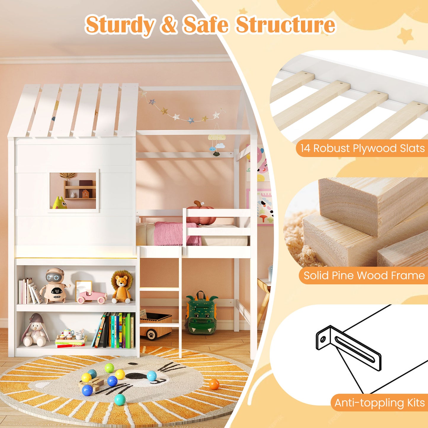 Twin Size Loft Bed With LED Lights, Roof Window, Storage Bookshelf, White Bunk Bed Frame at Gallery Canada