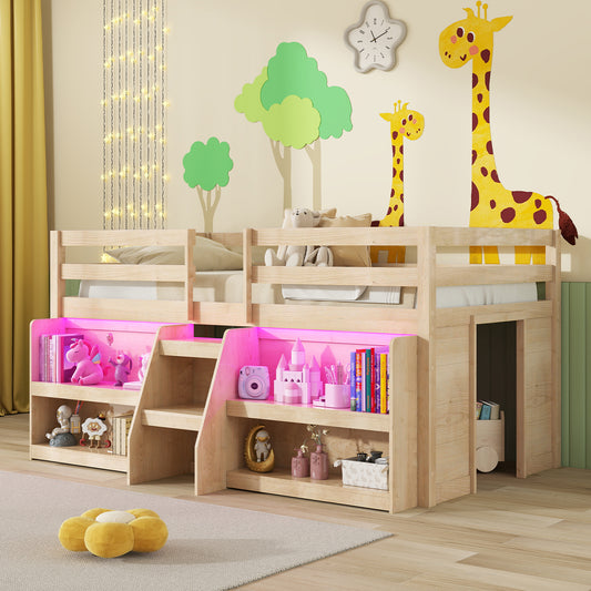 Twin Size Loft Bed With LED Lights, Staircase, Safety Guardrail, Natural Toddler Beds Natural at Gallery Canada