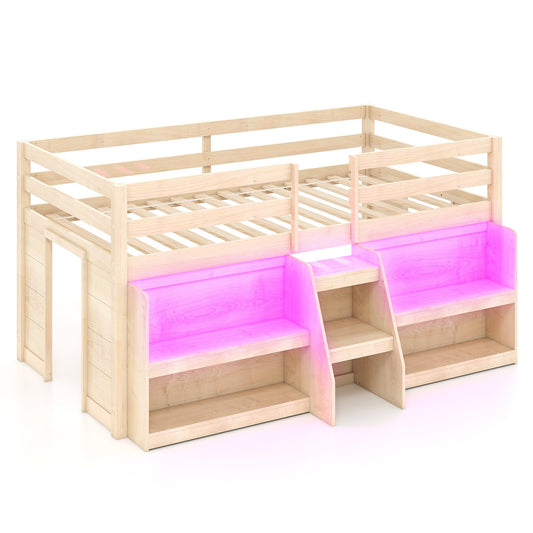 Twin Size Loft Bed with LED Lights with Staircase and Safety Guardrail, Natural Toddler Beds Natural at Gallery Canada