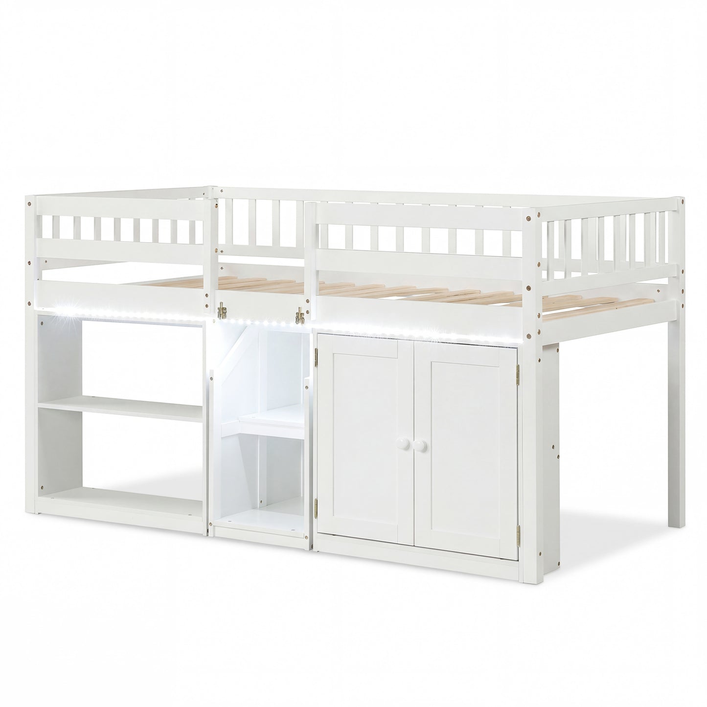 Twin Size Loft Bed With LED Lights, Kids Wooden Bed Frame, White Bunk Bed Frame at Gallery Canada