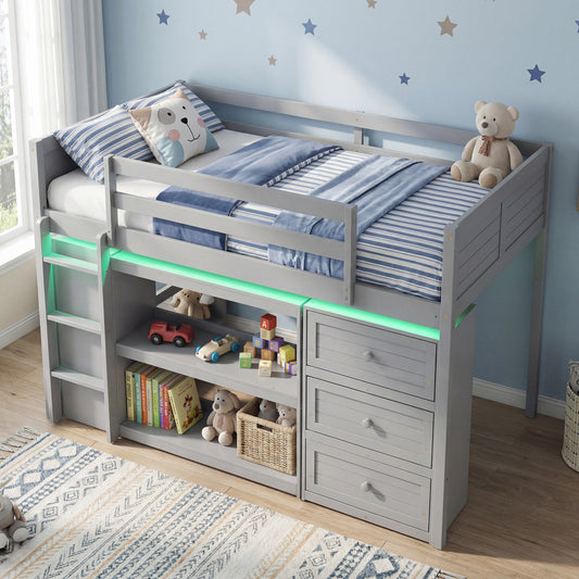 Twin Size Loft Bed with LED Lights and Underbed Space for Kids, Gray Bunk Bed Frame Gray at Gallery Canada
