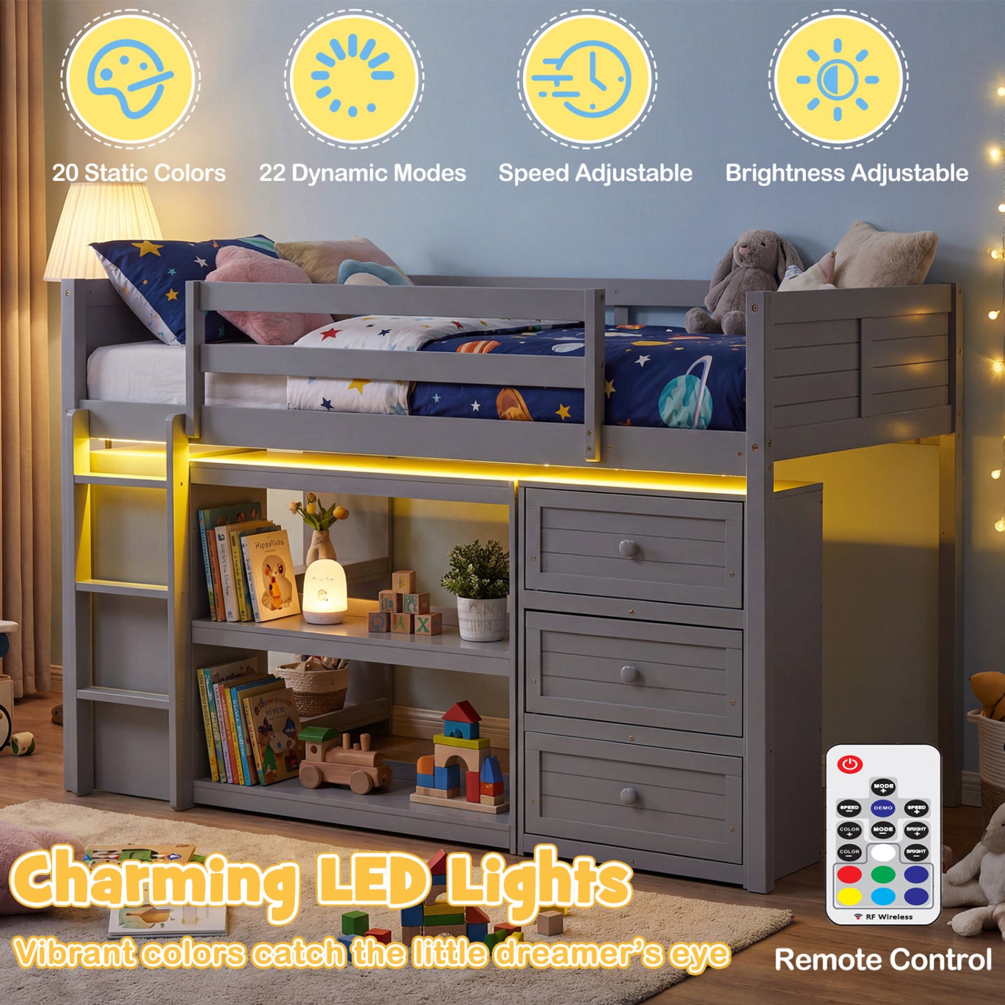 Twin Size Loft Bed with LED Lights and Underbed Space for Kids, Gray Bunk Bed Frame at Gallery Canada