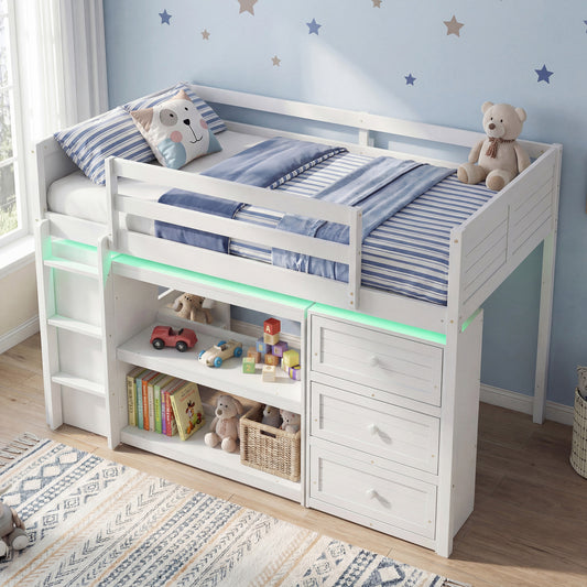 Twin Size Loft Bed with LED Lights and Underbed Space for Kids, White Bunk Bed Frame White at Gallery Canada