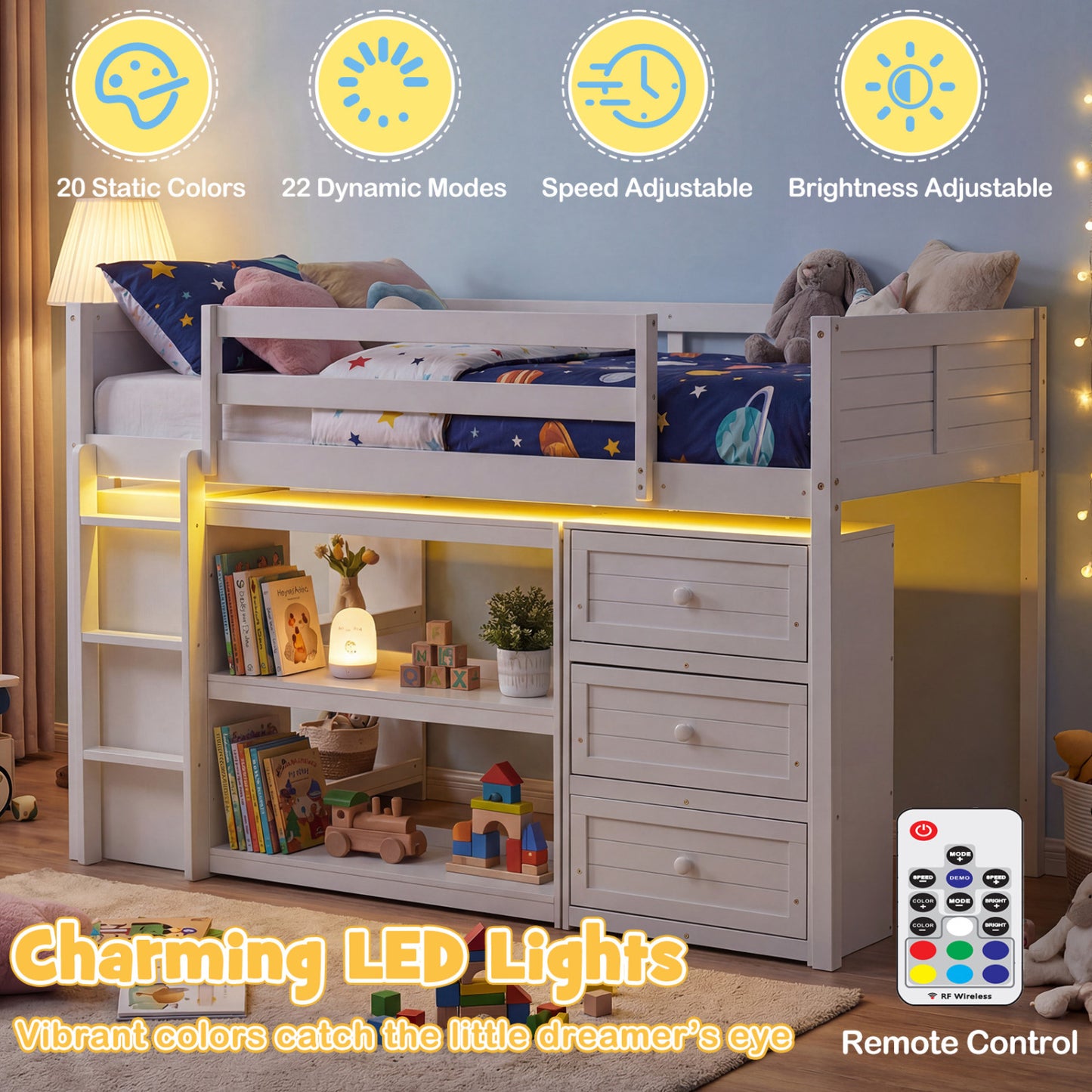 Twin Size Loft Bed with LED Lights and Underbed Space for Kids, White Bunk Bed Frame at Gallery Canada
