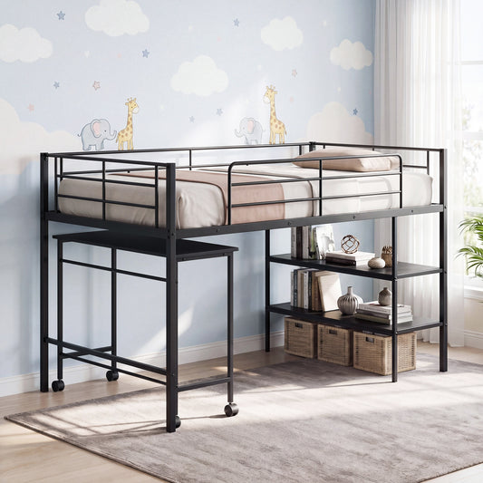 Twin Size Loft Bed with Rolling Desk, Bookshelf, Black Bunk Bed Frame Black at Gallery Canada