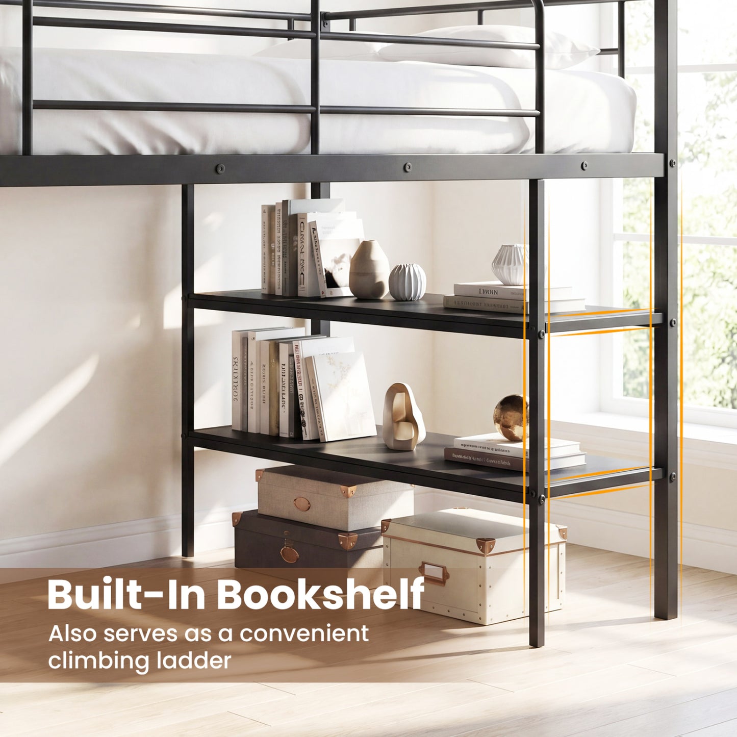 Twin Size Loft Bed with Rolling Desk, Bookshelf, Black Bunk Bed Frame at Gallery Canada