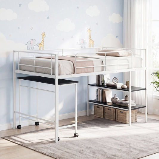 Twin Loft Bed with Rolling Desk, Bookshelf, White Bunk Bed Frame White at Gallery Canada