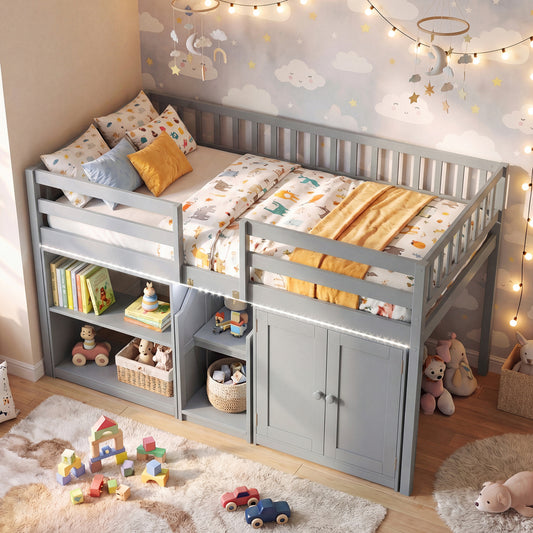 Twin Size Loft Bed With LED Lights, Wooden Frame, Gray Bunk Bed Frame Gray at Gallery Canada