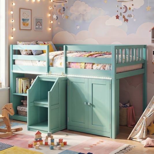 Twin Size Loft Bed With LED Lights, Wooden Bed Frame, Green Bunk Bed Frame Green at Gallery Canada