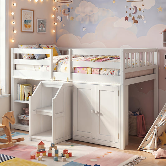 Twin Size Loft Bed With LED Lights, Kids Wooden Bed Frame, White Bunk Bed Frame White at Gallery Canada