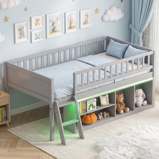 Twin Loft Bed with LED Lights, Bookshelves, Guardrails, Gray Toddler Beds Gray at Gallery Canada