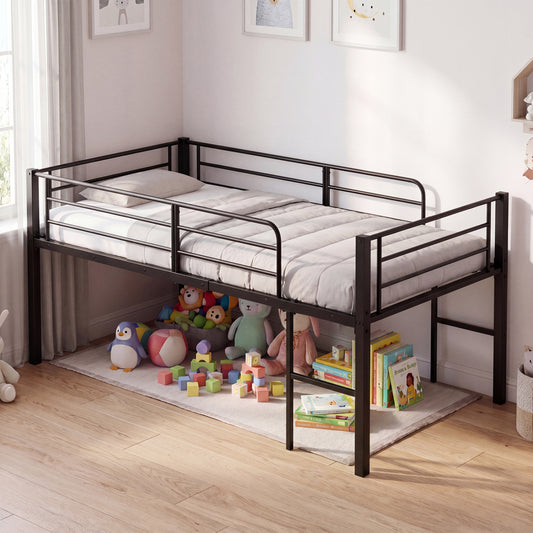 Twin Low Loft Bed with Guardrails & 2 Ladders, Black Bunk Bed Frame Black at Gallery Canada