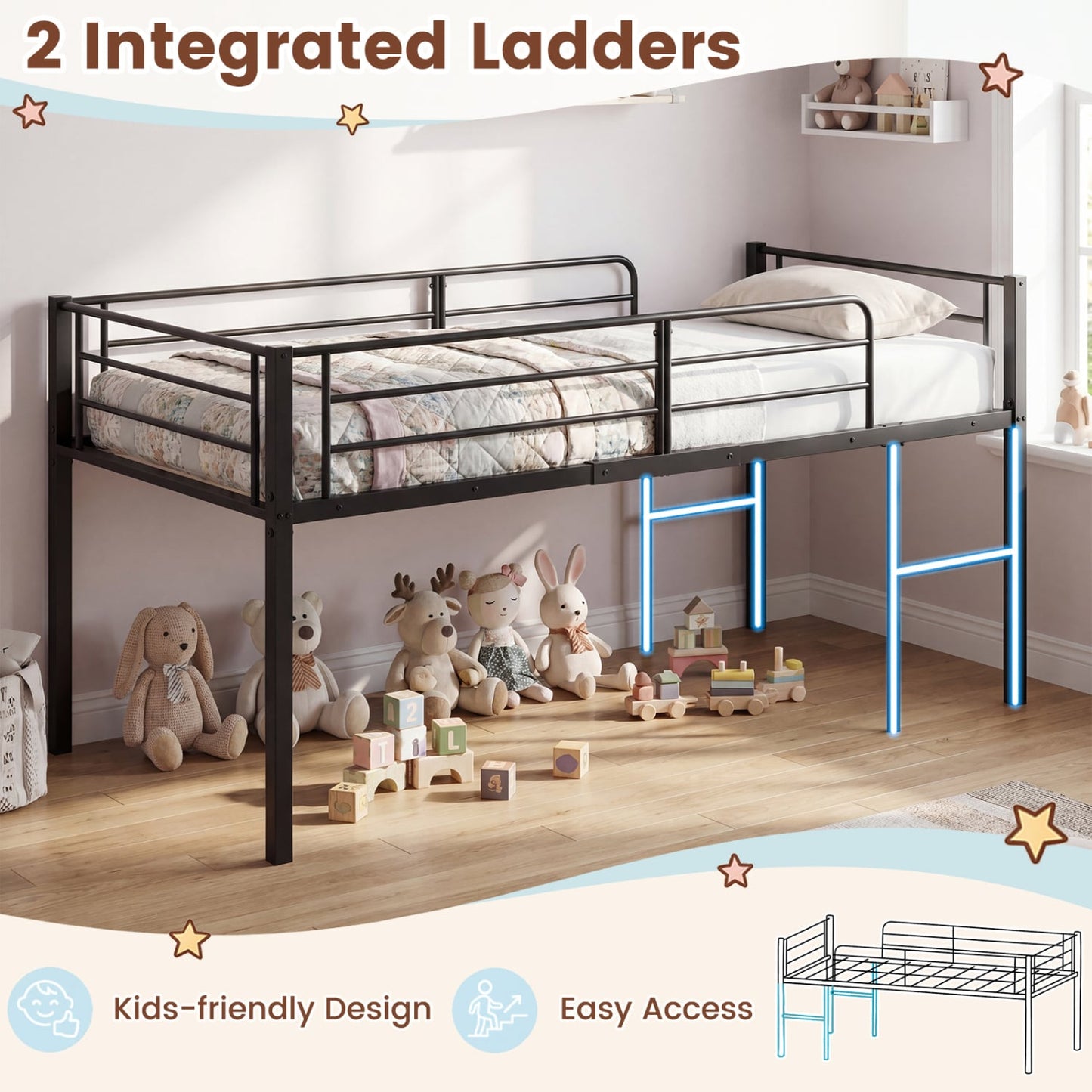 Twin Low Loft Bed with Guardrails & 2 Ladders, Black Bunk Bed Frame at Gallery Canada