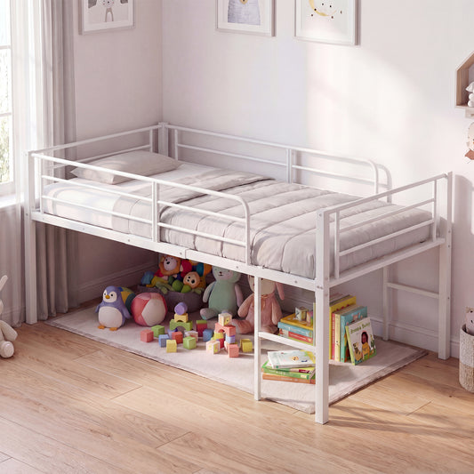 Twin Size Low Loft Bed with Safety Guardrails and 2 Ladders, White Bunk Bed Frame White at Gallery Canada