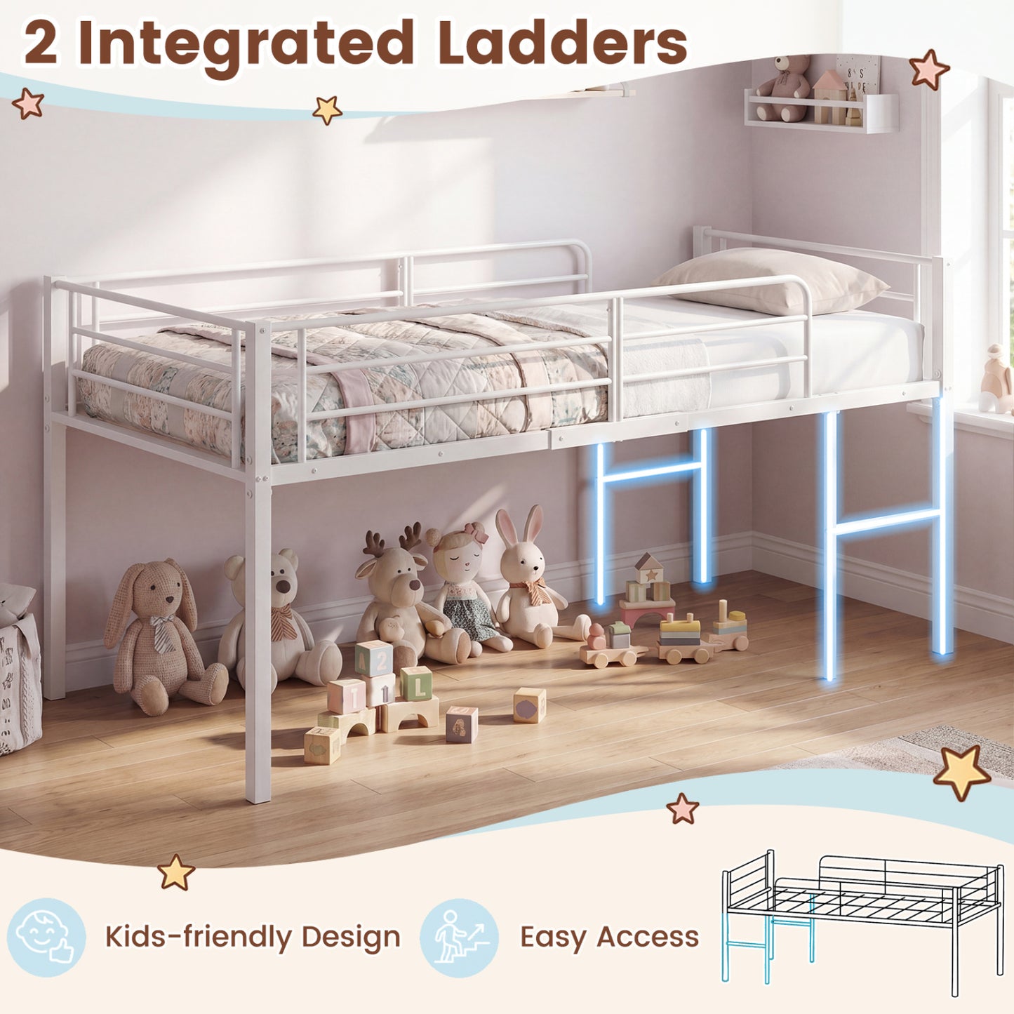 Twin Size Low Loft Bed with Safety Guardrails and 2 Ladders, White Bunk Bed Frame at Gallery Canada