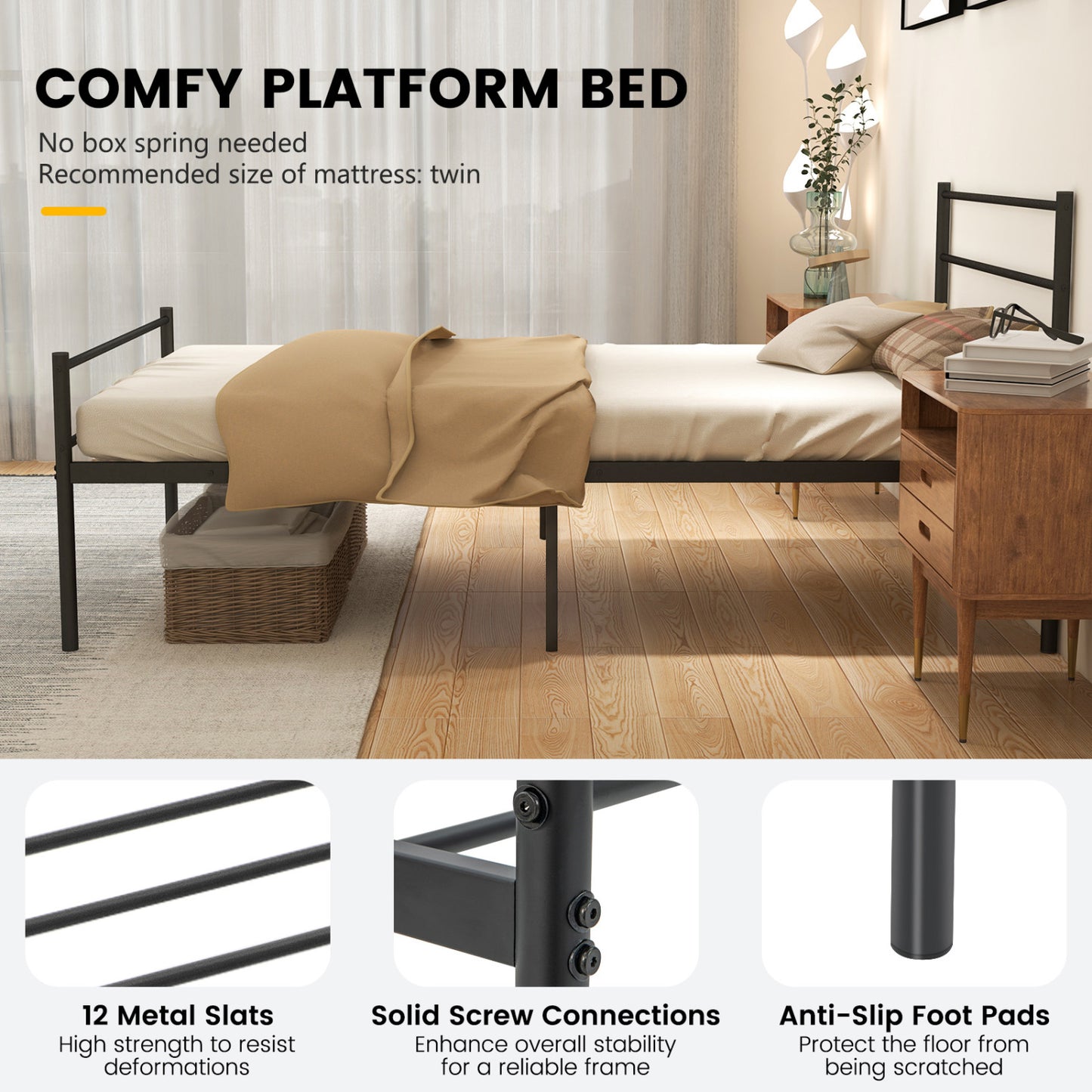 Twin Size Metal Bed Frame With Headboard, Black Simple Bed Frame at Gallery Canada
