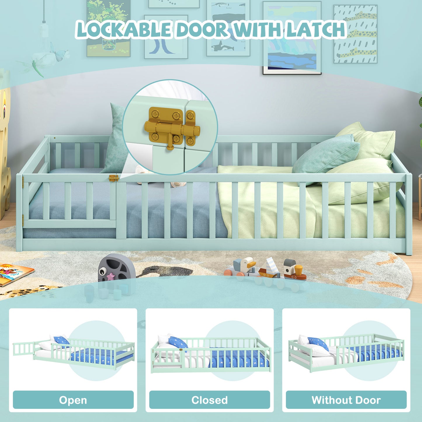 Twin Size Montessori Floor Bed Frame, Full Length Safety Guardrails, Green Toddler Beds at Gallery Canada