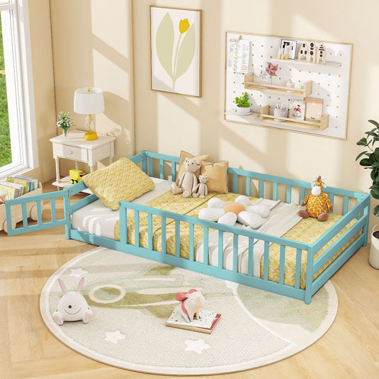 Twin Size Floor Bed Frame, Full Safety Guardrails, Dark Green