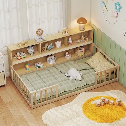 Twin Size Montessori Floor Bed With Bookcase, Natural Trundle Bed Frame Natural at Gallery Canada
