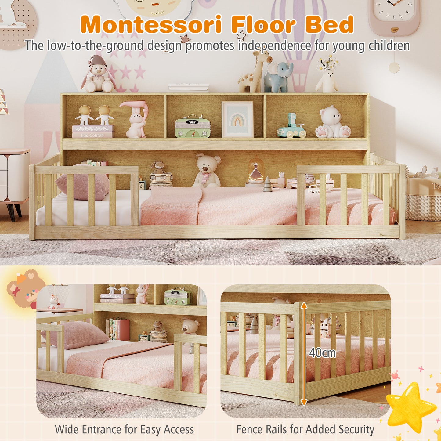 Twin Size Montessori Floor Bed With Bookcase, Natural Trundle Bed Frame at Gallery Canada