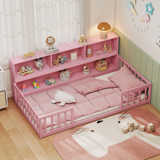 Twin Size Montessori Floor Bed With Bookcase, Pink Trundle Bed Frame Pink at Gallery Canada