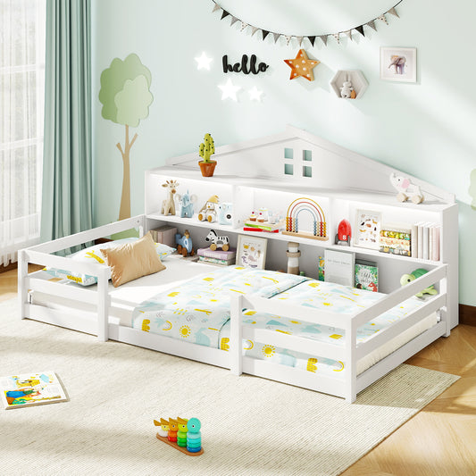 Twin Size Montessori Floor Bed with Storage Compartments and Shelf, White Trundle Bed Frame White at Gallery Canada