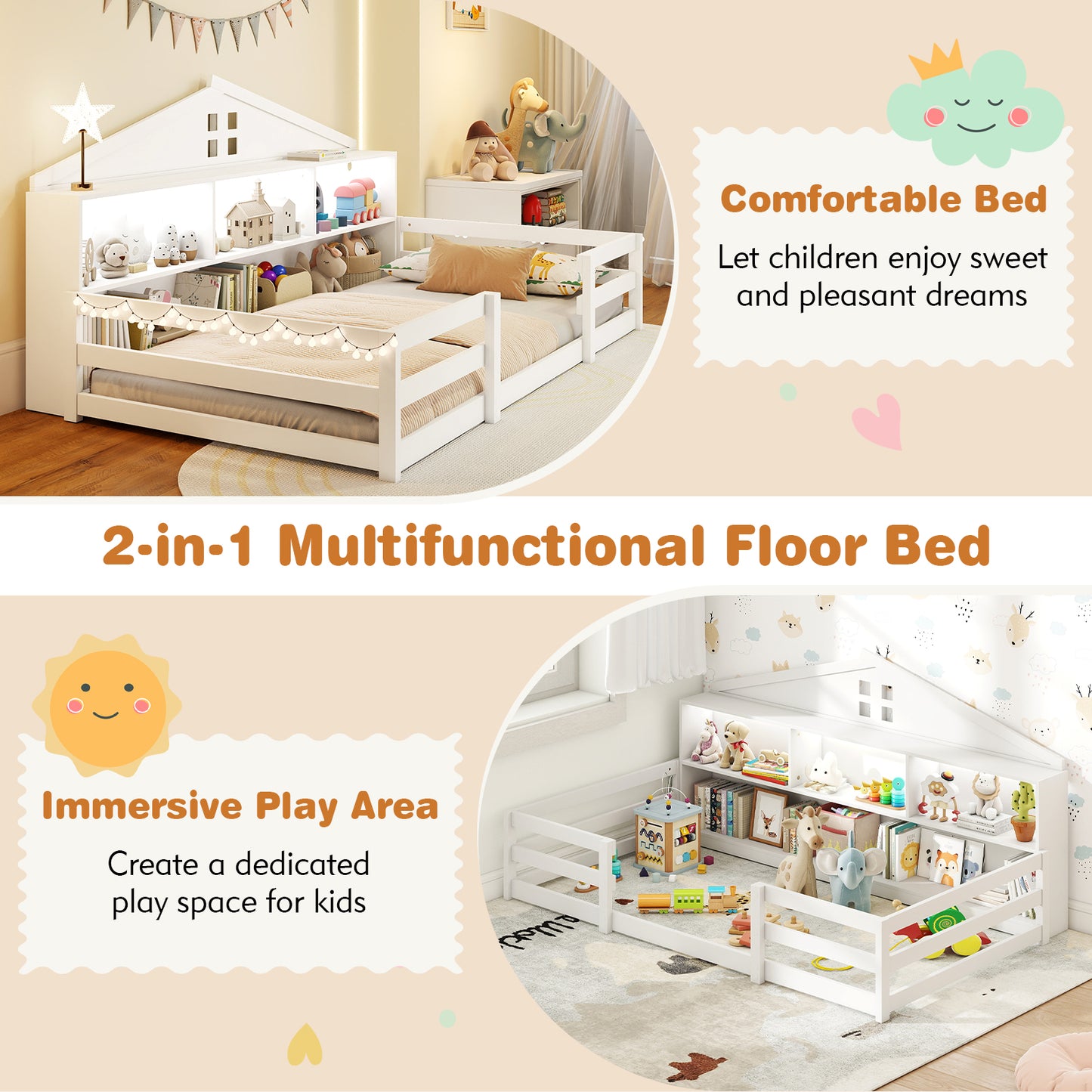 Twin Size Montessori Floor Bed with Storage Compartments and Shelf, White Trundle Bed Frame at Gallery Canada