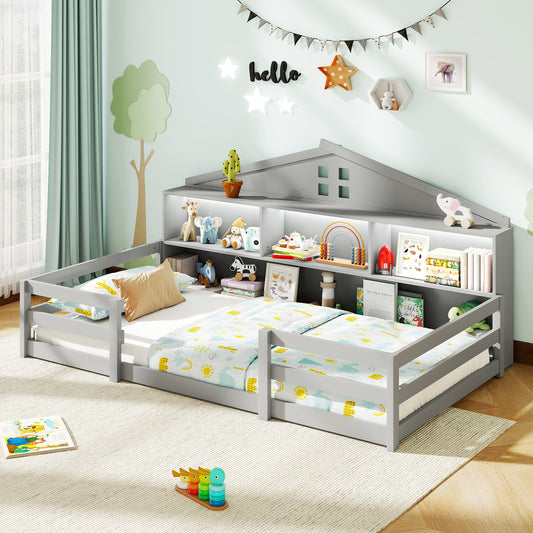 Twin Size Montessori Floor Bed with Storage Compartments and Shelf, Gray Trundle Bed Frame Gray at Gallery Canada