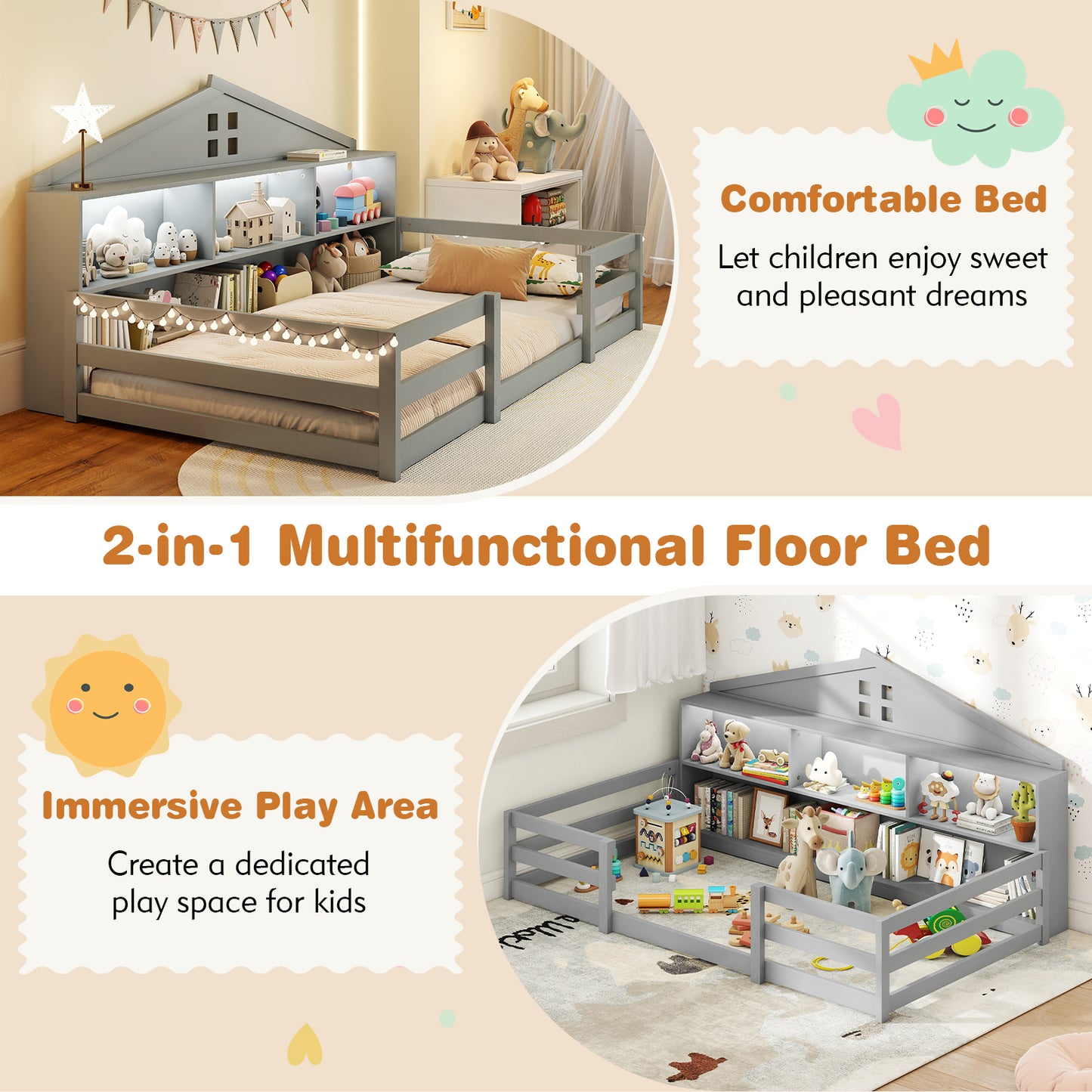 Twin Size Montessori Floor Bed with Storage Compartments and Shelf, Gray Trundle Bed Frame at Gallery Canada