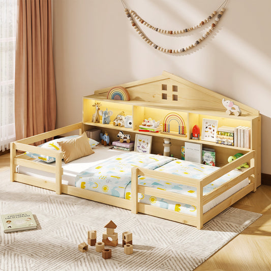 Twin Montessori Floor Bed with Storage, Natural Trundle Bed Frame Natural at Gallery Canada