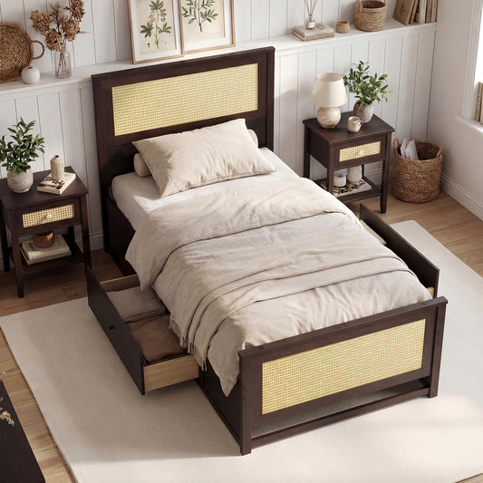 Twin Size Rattan Bed Frame with Storage Drawers, Coffee Trundle Bed Frame Coffee at Gallery Canada