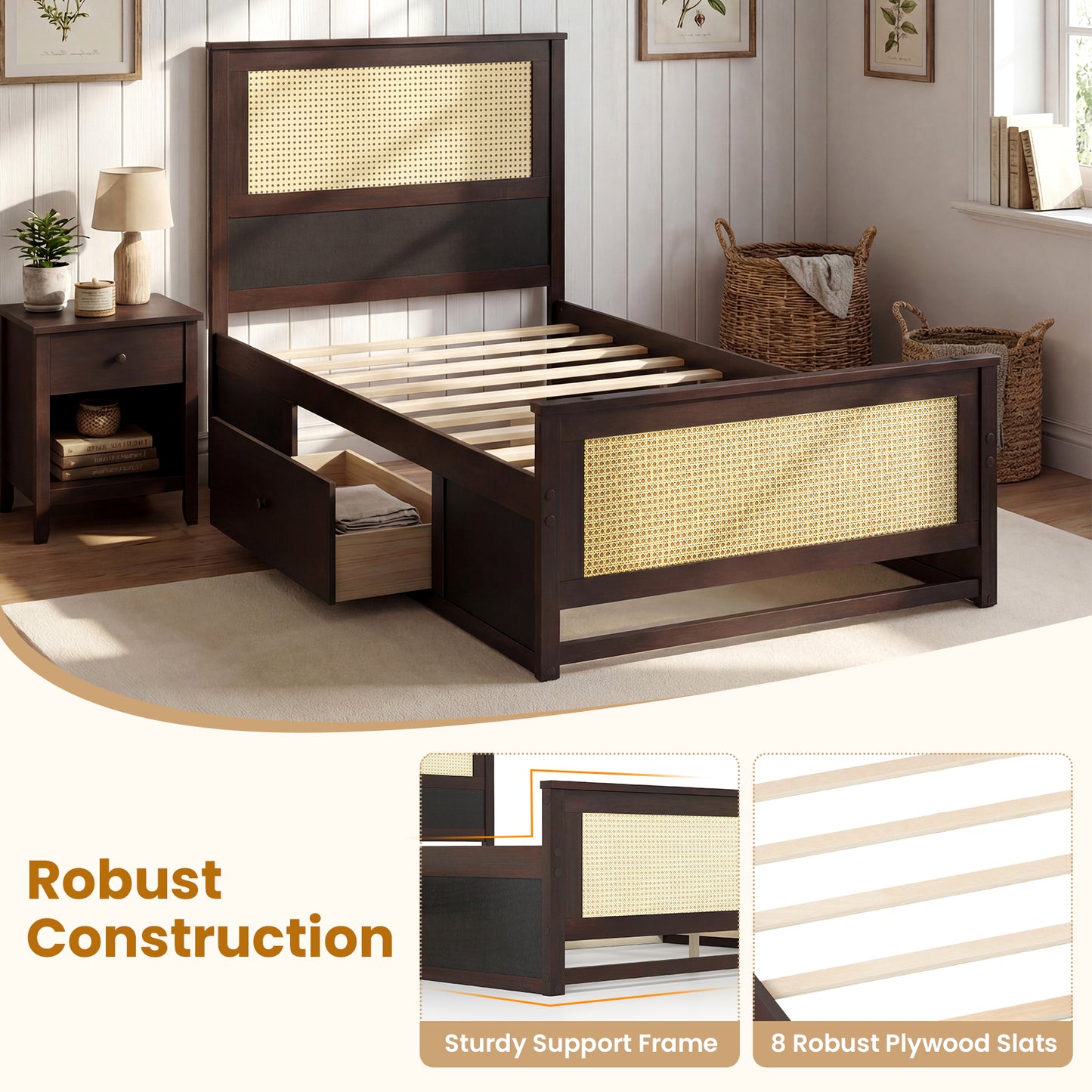 Twin Size Rattan Bed Frame with Storage Drawers, Coffee Trundle Bed Frame at Gallery Canada