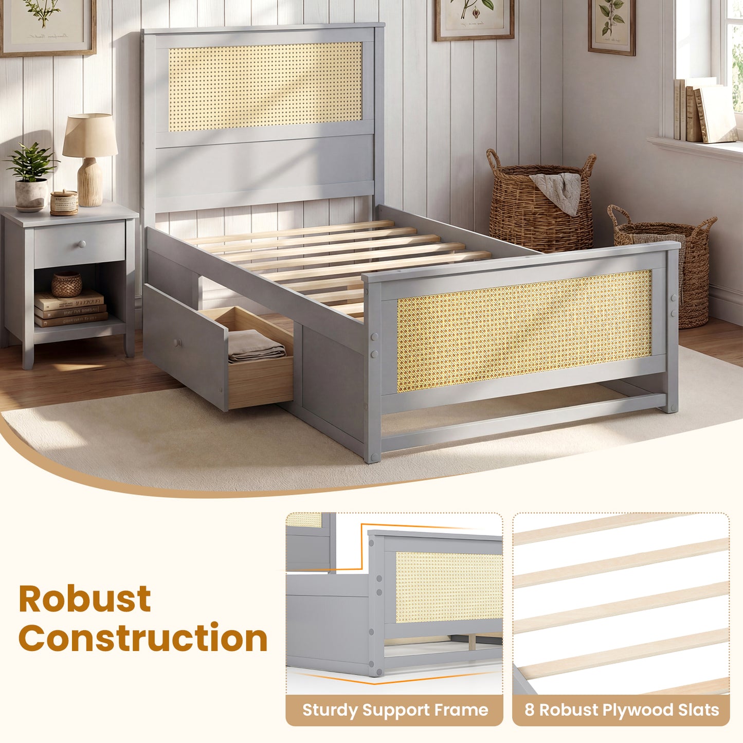 Twin Size Rattan Bed Frame with Storage Drawers, Gray Trundle Bed Frame at Gallery Canada