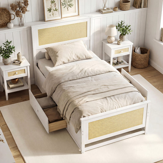 Twin Size Rattan Bed Frame with Storage Drawers, White Trundle Bed Frame White at Gallery Canada