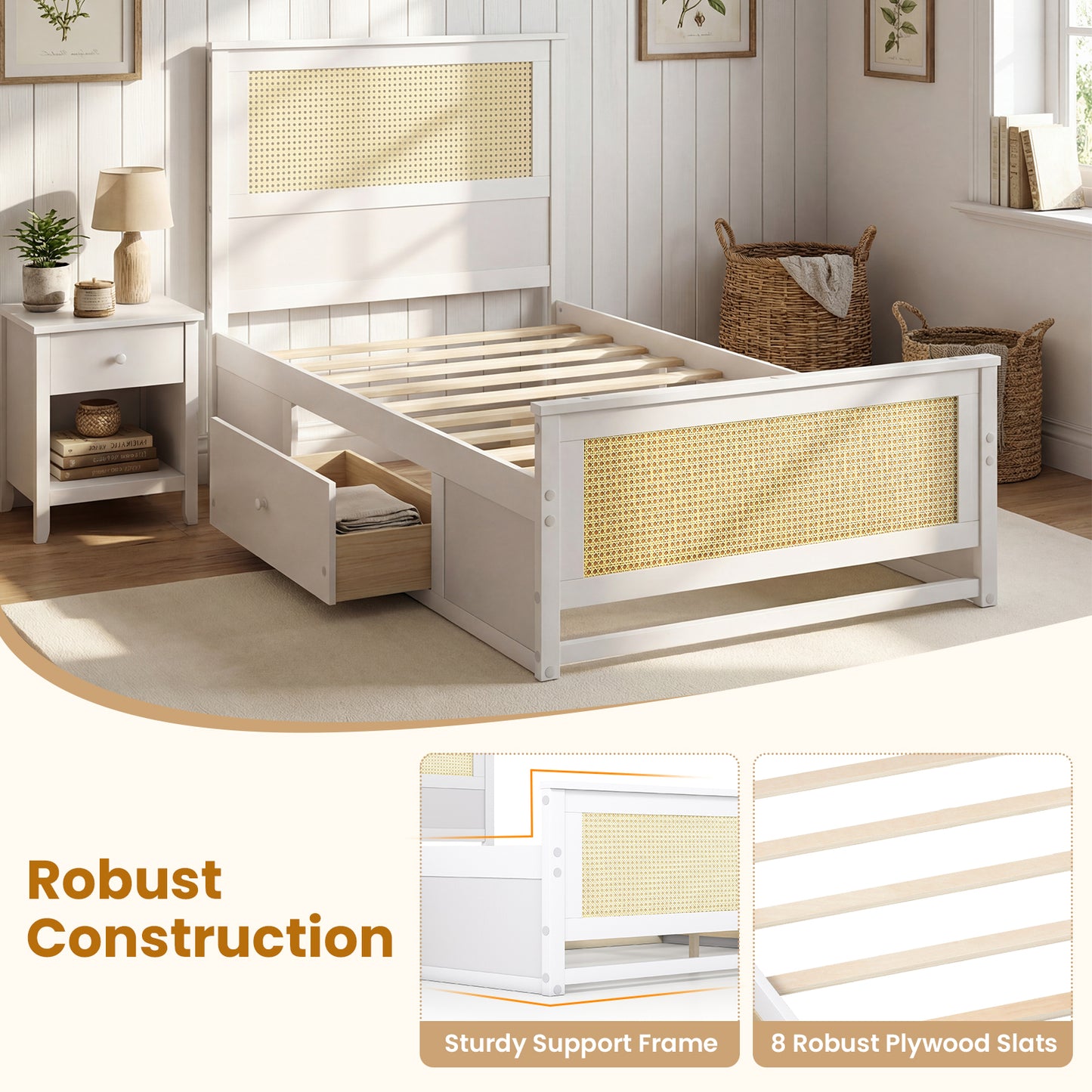 Twin Size Rattan Bed Frame with Storage Drawers, White Trundle Bed Frame at Gallery Canada