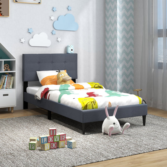 Twin Size Platform Bed With Button Tufted Headboard, Gray Simple Bed Frame Gray at Gallery Canada