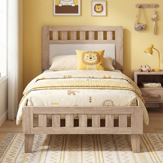 Twin Size Wood Bed Frame, Upholstered Headboard, Mid Century, Beige Simple Bed Frame Beige at Gallery Canada