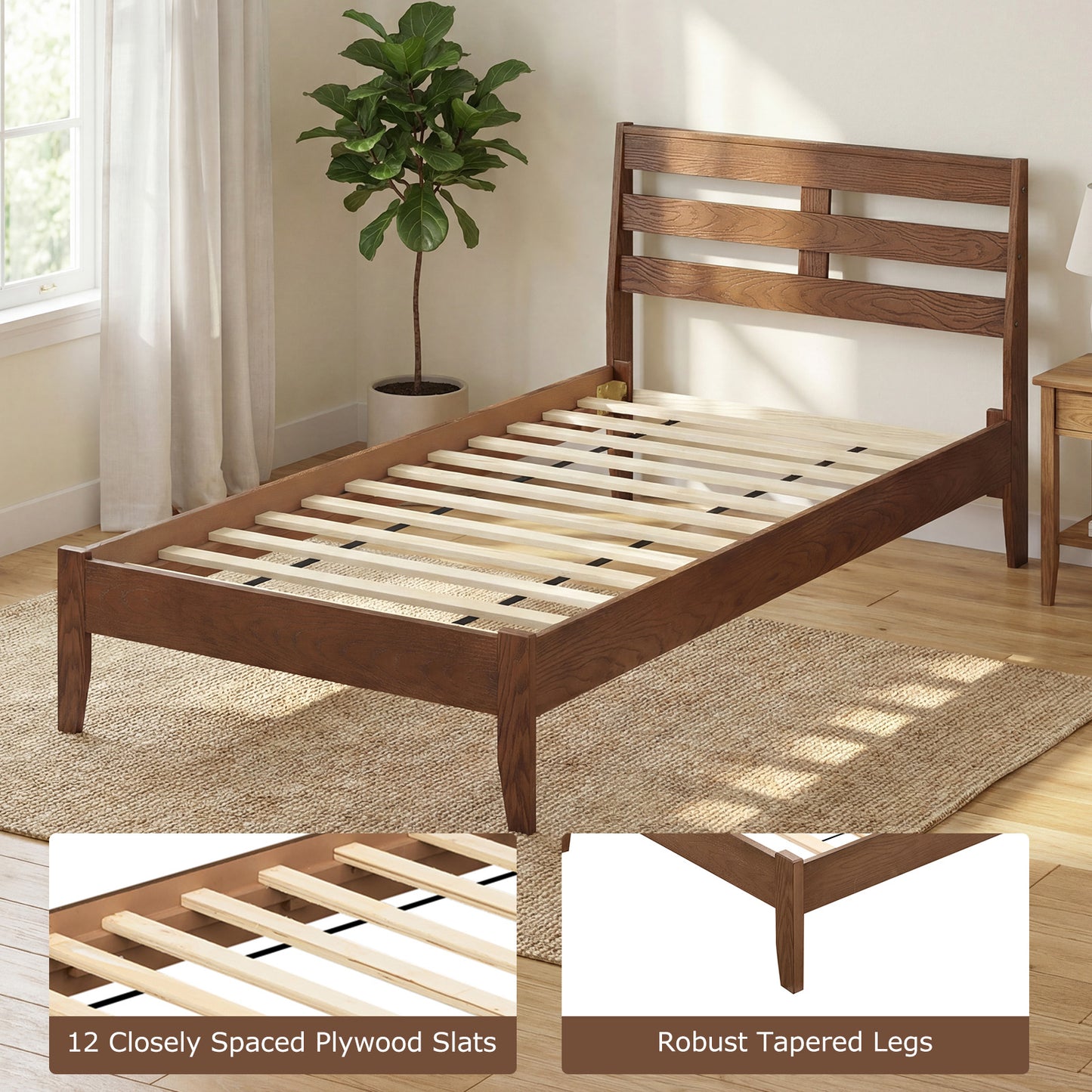 Twin Size Wood Platform Bed Frame, Slat Headboard, Brown Simple Bed Frame at Gallery Canada