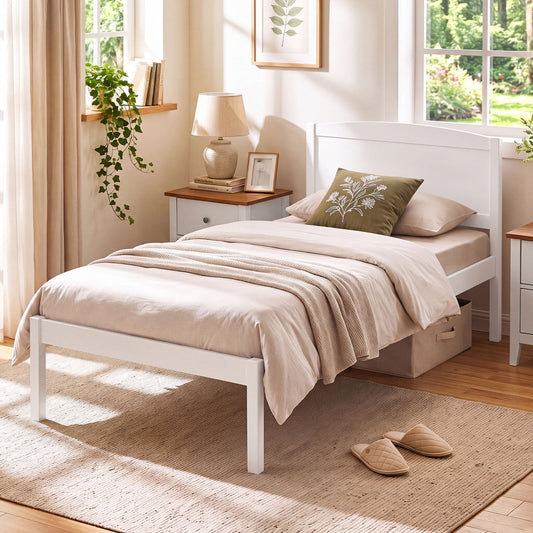 Twin Wooden Platform Bed Frame, Curved Headboard, White Beds & Bed Frames White at Gallery Canada