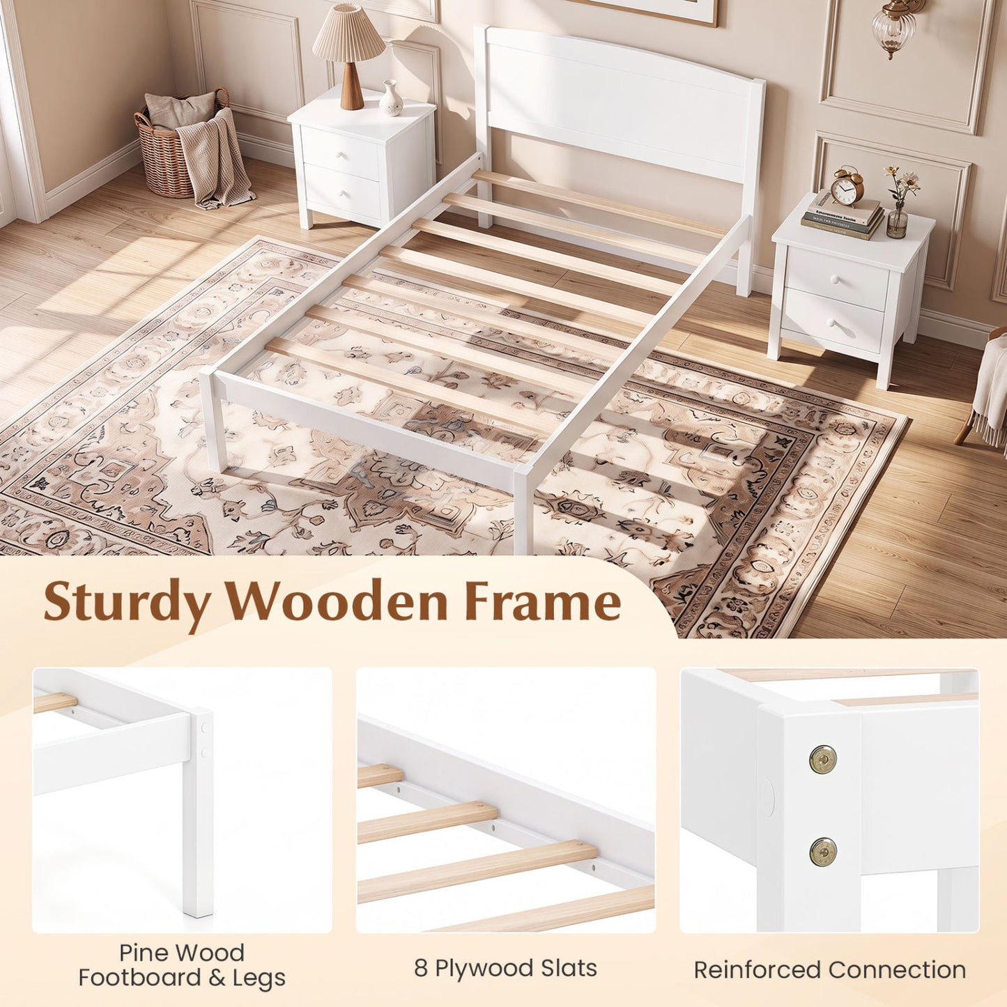 Twin Wooden Platform Bed Frame, Curved Headboard, White