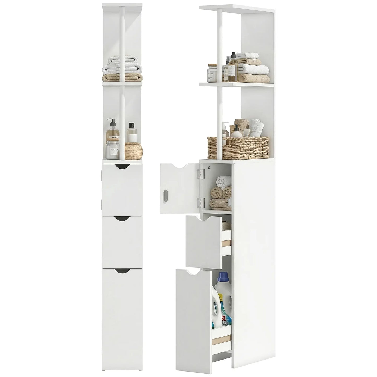 Tall Narrow Bathroom Storage Cabinet, Drawers and Open Shelves, White Bathroom Cabinets at Gallery Canada
