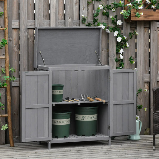 Wooden Garden Tool Shed, Hinged Roof, 2-Tier Shelves, Double Doors, 74x43x88cm, Dark Grey Sheds Dark Grey at Gallery Canada
