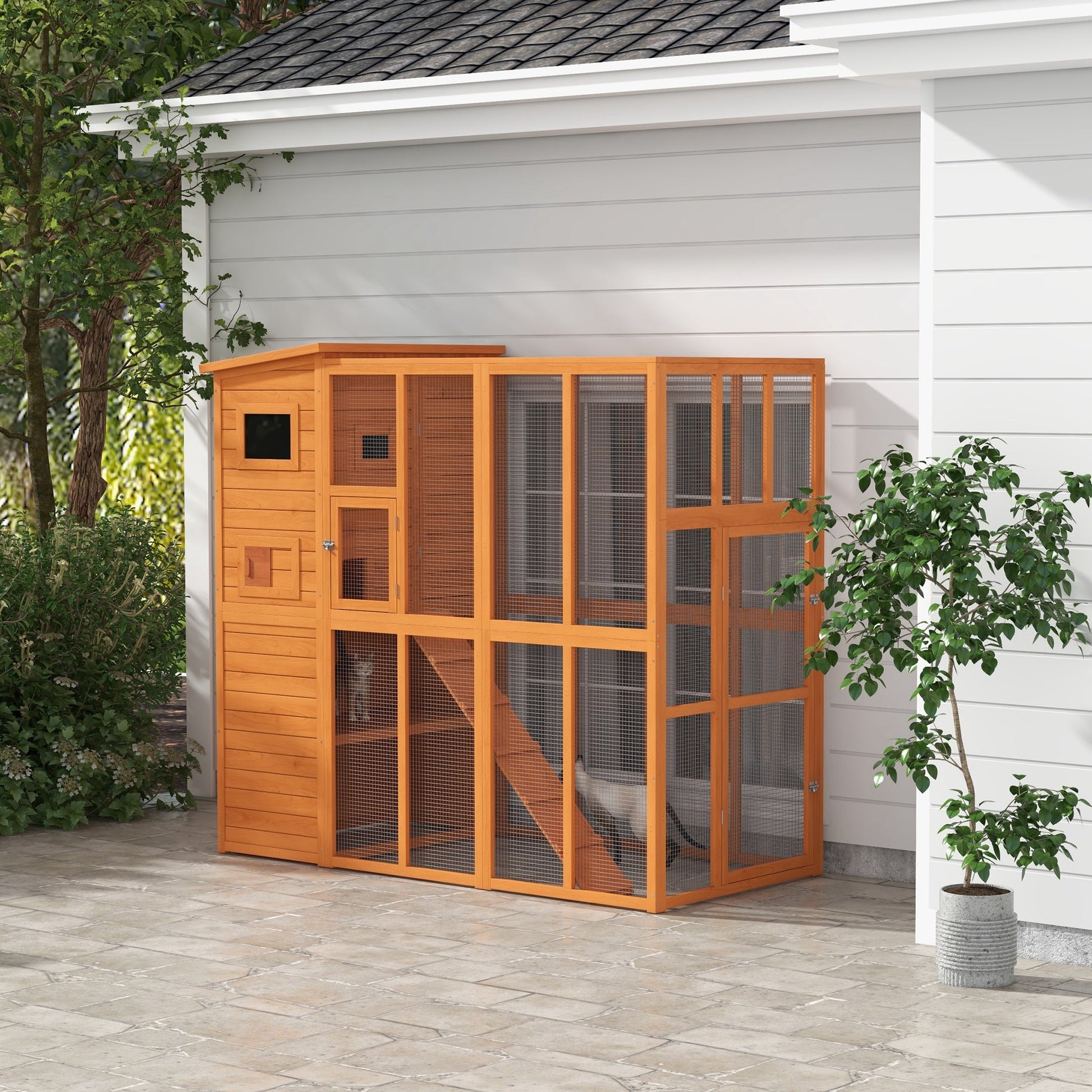 68.75" H Cat Cage Large Wooden Outdoor Cat House with Large Run for Play, Catio for Lounging, and Condo Area for Sleeping, Natural at Gallery Canada