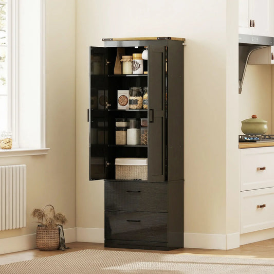 67" Tall Kitchen Pantry Cabinet With Doors, Drawers, Adjustable Shelves, Black Kitchen Pantry Cabinets Black at Gallery Canada
