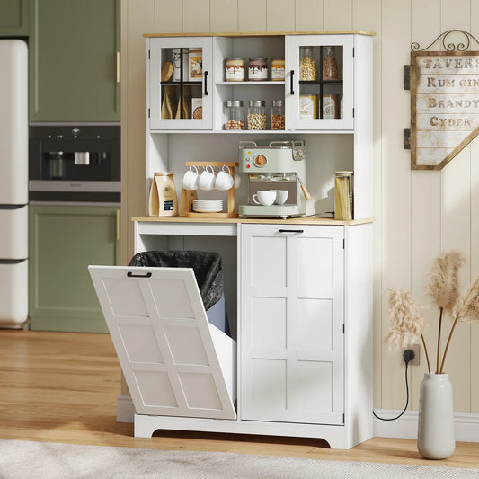 Kitchen Pantry Cabinet, 7 Gallon Trash Can, Adjustable Shelves, White Kitchen Pantry Cabinets White, Natural at Gallery Canada