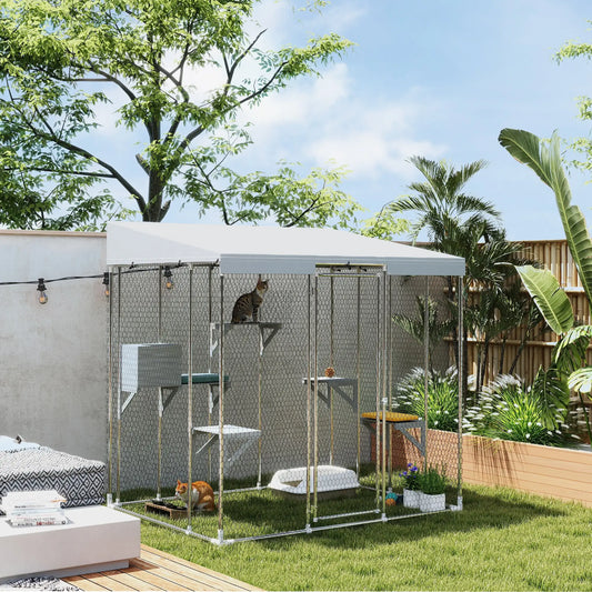 79" L Galvanized Steel Catio, Outdoor Cat Enclosure, 420D Waterproof Canopy, Multiple Platforms, Resting Condo, Silver