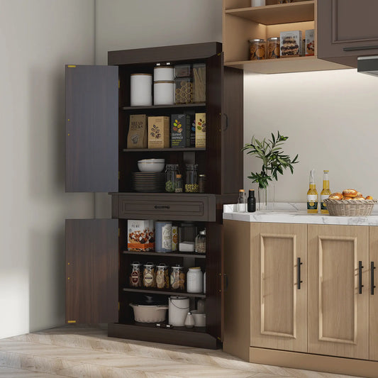 71" Freestanding Kitchen Pantry, 4 Doors 2 Cabinets, Distressed Coffee Kitchen Pantry Cabinets Distressed Coffee at Gallery Canada