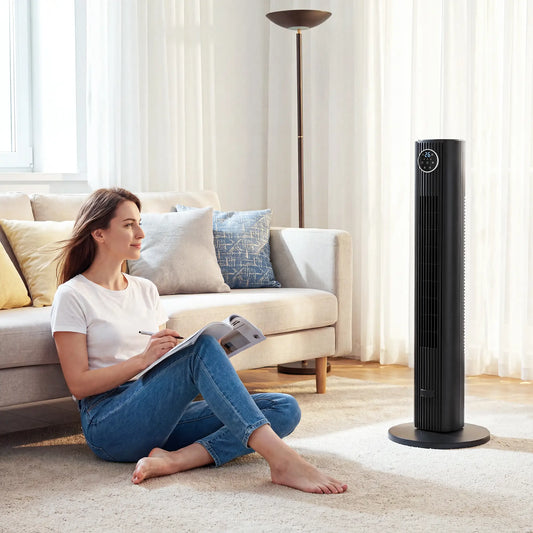 28dB Tower Fan, 12 Speeds, 4 Modes, 80° Oscillating, 12H Timer, Black Tower Fans Black, Silver at Gallery Canada