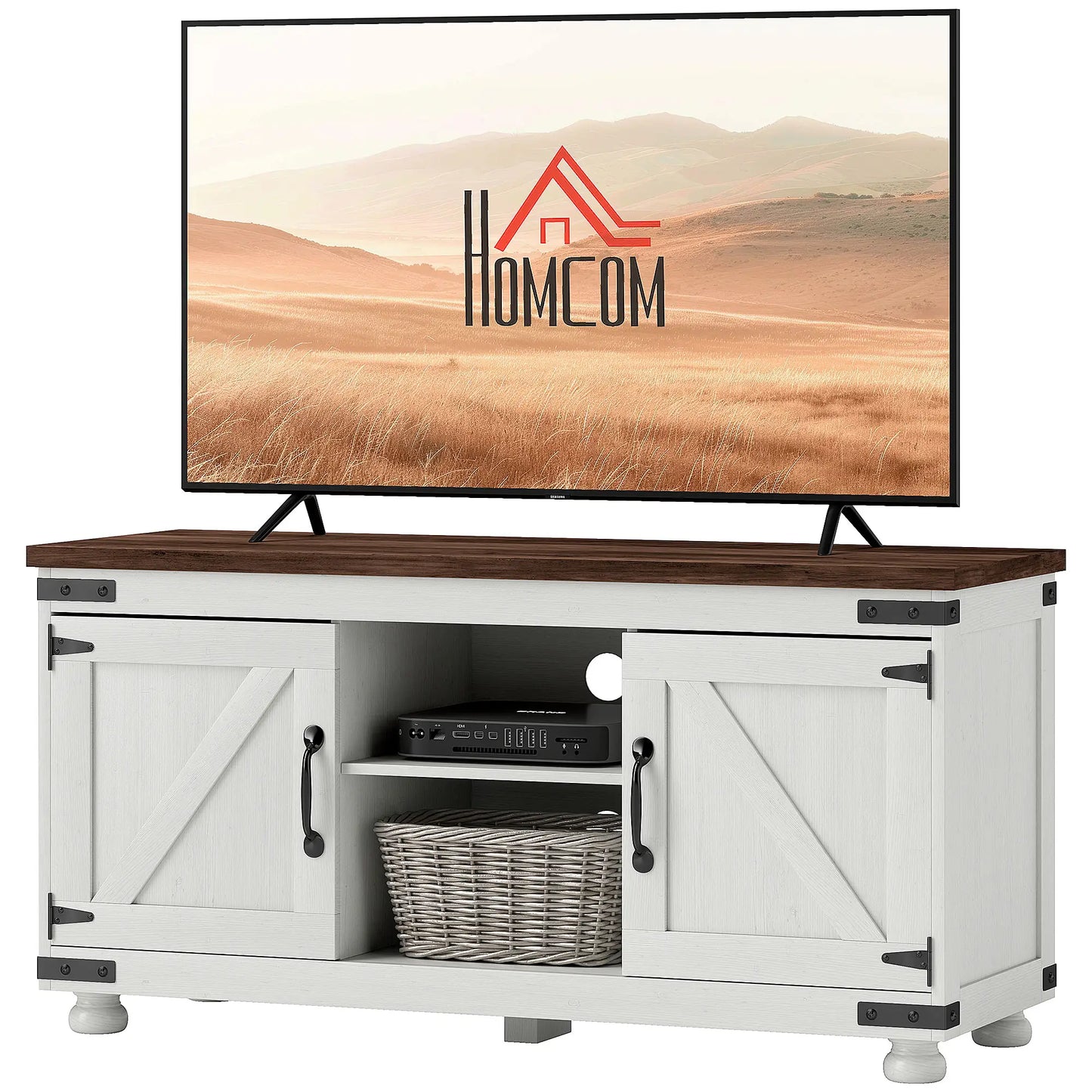 Farmhouse TV Stand for 50" TV, Barn Doors, Cable Management, Distressed White, White